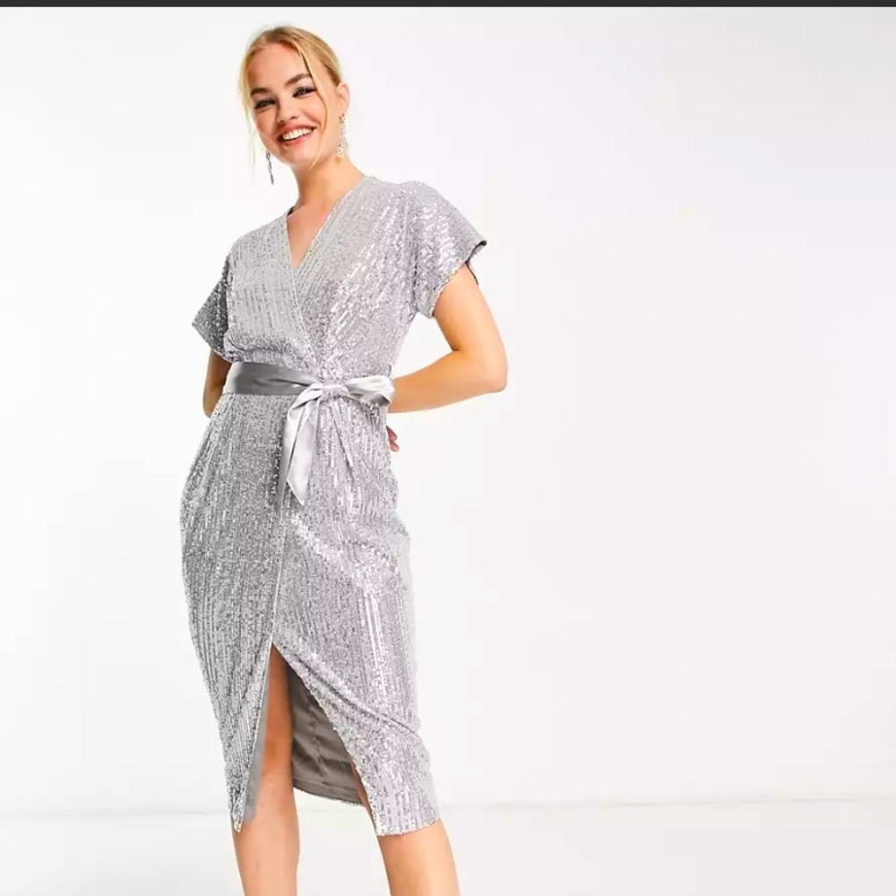 Closet London kimono wrap sequin midi dress in silver - US 10